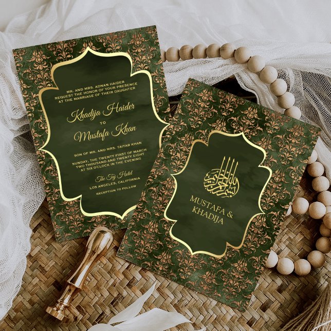 Rustic Olive Green Gold Damask Muslim Wedding Invitation (Creator Uploaded)