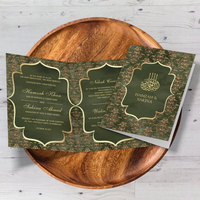 Rustic Olive Green Gold Damask Muslim Wedding Invitation (Creator Uploaded)