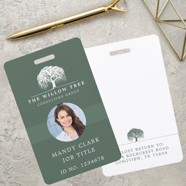 Rustic Olive Green & White Willow Tree Logo Photo ID Badge (Creator Uploaded)
