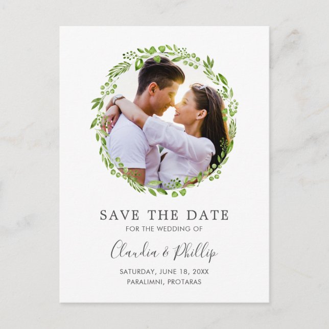 Rustic Olive Leaf Wreath Photo Save the Date Announcement Postcard (Front)
