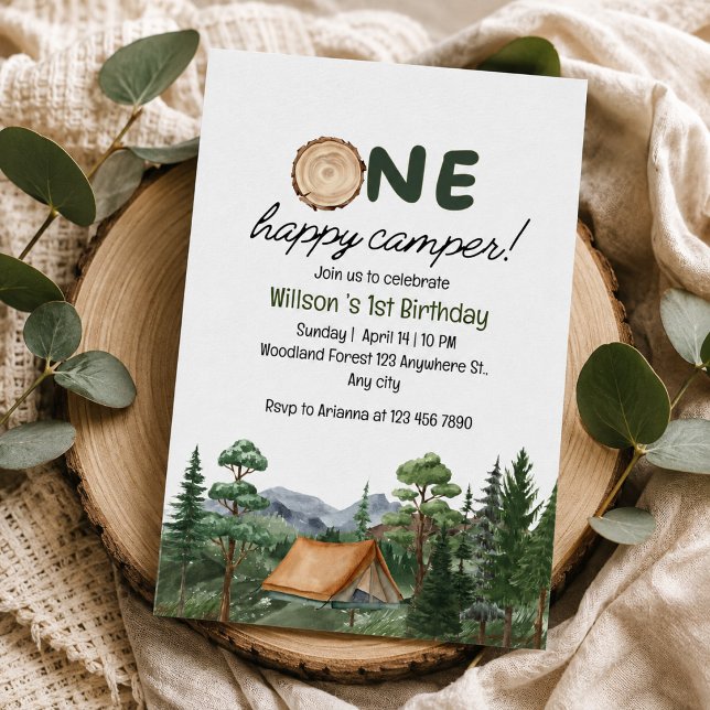 Rustic "One Happy Camper" 1st Birthday Camping Invitation (Creator Uploaded)