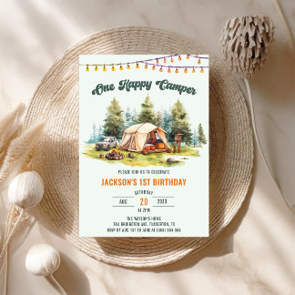 Rustic One Happy Camper 1st Birthday Party Invitation