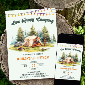 Rustic One Happy Camper 1st Birthday Party Invitation