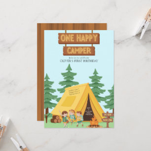 Rustic one happy camper first birthday invitation