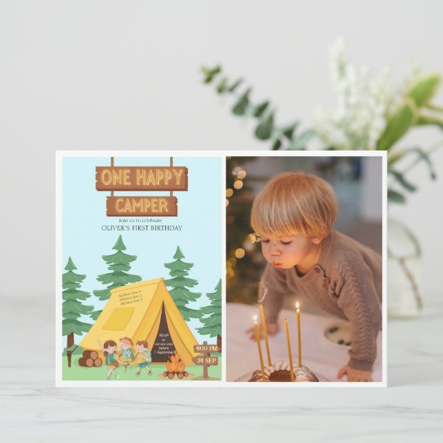 Rustic one happy camper photo first birthday invitation (Standing Front)