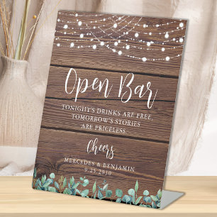 Rustic Open Bar Greenery String Lights Wedding Pedestal Sign