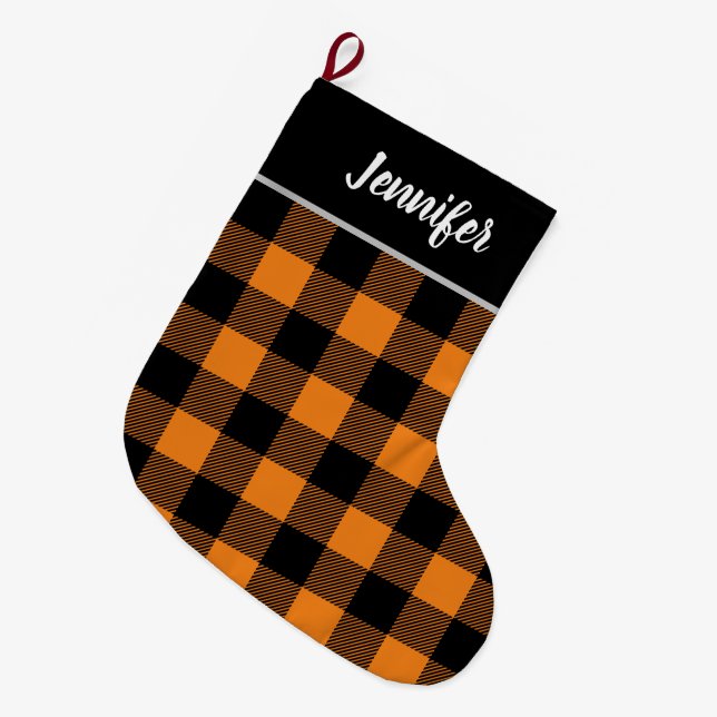 Rustic Orange and Black Buffalo Check Monogram Large Christmas Stocking (Front (Hanging))