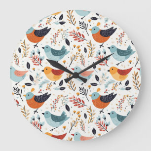 Rustic Orange And Blue Bird Garden Large Clock