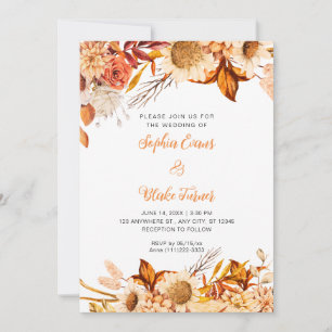 Rustic Orange and White Flowers Boho White Wedding Invitation