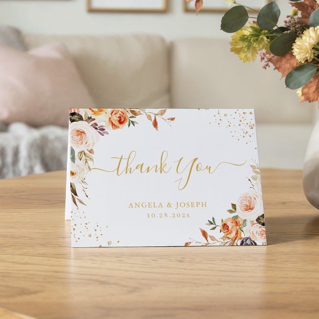 Rustic Orange Autumn Floral Gold Glitters Wedding Thank You Card (Creator Uploaded)