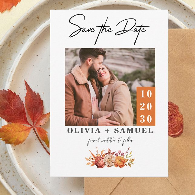 Rustic Orange Autumn Photo Wedding Save the Date Invitation (Creator Uploaded)