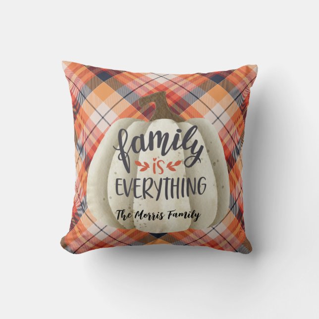 Rustic Orange Autumn Plaid Watercolor Pumpkin Cushion (Front)
