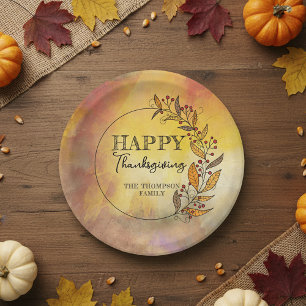 Rustic Orange Autumn Wreath Family Thanksgiving Paper Plate