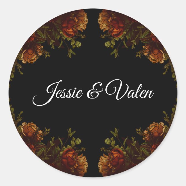 Rustic Orange Black Elegant Wedding Invitation Classic Round Sticker (Front)