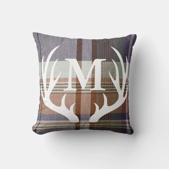 Rustic Orange Blue Plaid White Deer Antler Cushion (Front)