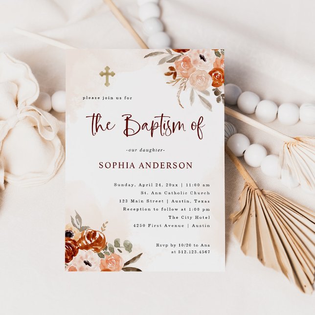 Rustic Orange Boho | Watercolor Baptism Invitation (Creator Uploaded)
