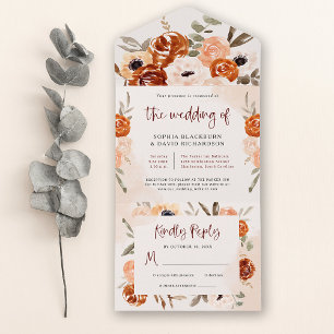 Rustic Orange Boho   Watercolor Blush Wedding All In One Invitation