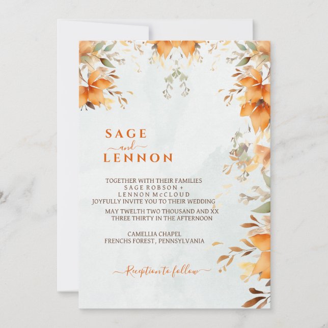 Rustic Orange Boho Watercolor Blush Wedding  Invitation (Front)