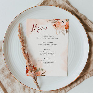 Rustic Orange Boho Watercolor Blush Wedding Menu