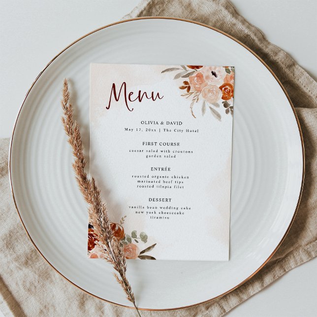 Rustic Orange Boho | Watercolor White Wedding Menu (Creator Uploaded)