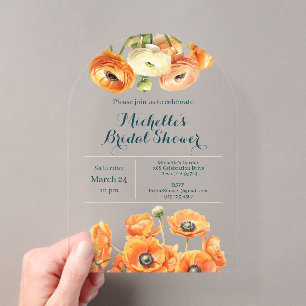 Rustic Orange Botanic Garden Floral Bridal Shower Acrylic Invitations