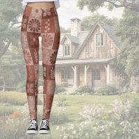 Rustic Orange Brown Burlap Linen Pattern Leggings