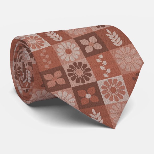 Rustic Orange Brown Geometric Pattern Neck Tie (Rolled)