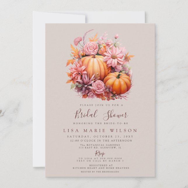 Rustic Orange Burgundy Pumpkins Fall Bridal Shower Invitation (Front)