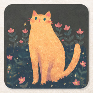 Rustic Orange Cat  Square Paper Coaster
