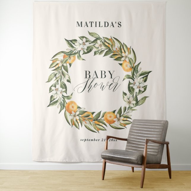 Rustic orange citrus botanical baby shower party tapestry (In Situ)