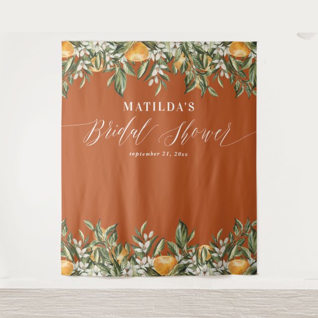 Rustic orange citrus botanical bridal shower party tapestry (Front)