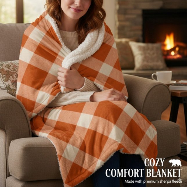 Rustic Orange & Cream Buffalo Plaid Farmhouse Sherpa Blanket (Creator Uploaded)