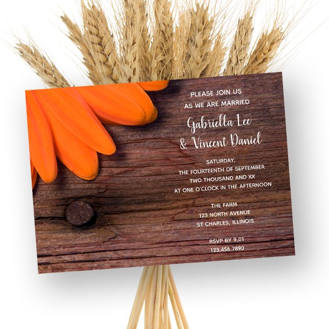 Rustic Orange Daisy and Barn Wood Country Wedding Invitation (Creator Uploaded)
