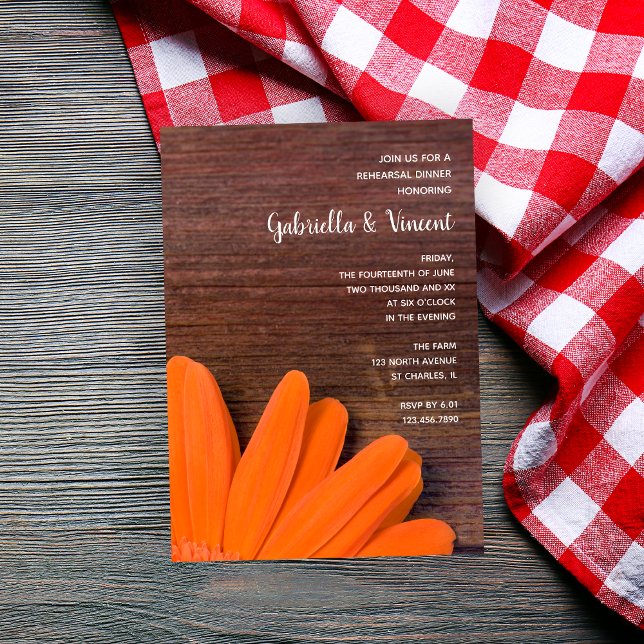 Rustic Orange Daisy Barn Wedding Rehearsal Dinner Invitation (Creator Uploaded)