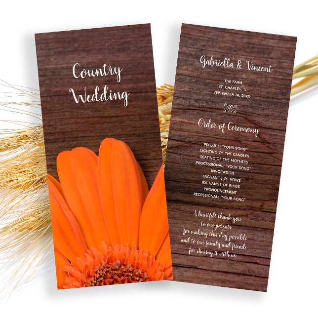 Rustic Orange Daisy Country Barn Wedding Program Programme (Creator Uploaded)