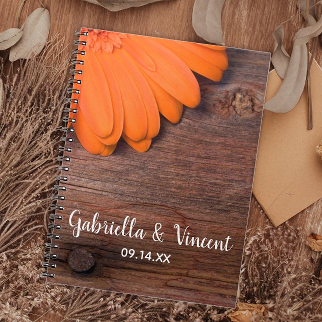 Rustic Orange Daisy Country Barn Wood Wedding Spiral Notebook (Creator Uploaded)