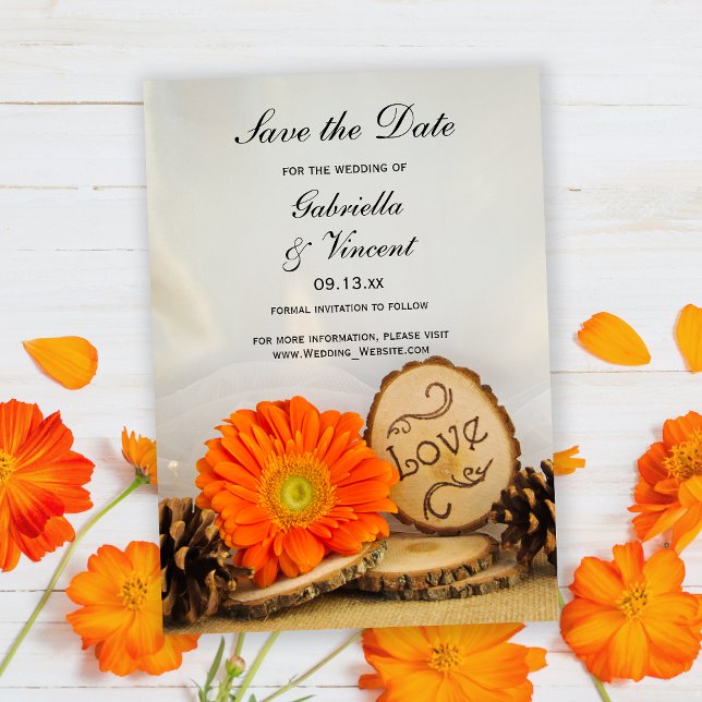 Rustic Orange Daisy Woodland Wedding Save the Date Invitation (Creator Uploaded)
