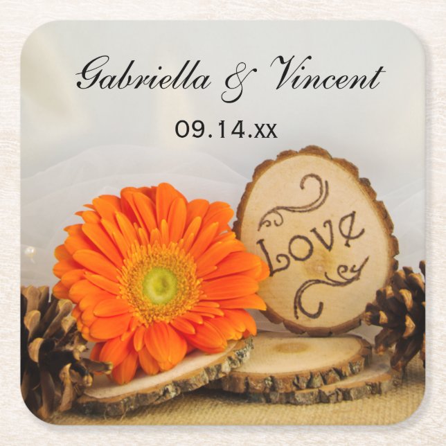 Rustic Orange Daisy Woodland Wedding Square Paper Coaster (Front)