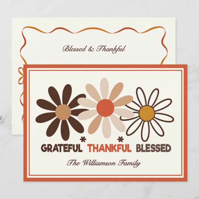 Rustic Orange Fall Retro Floral Thankful Holiday Card (Front/Back)