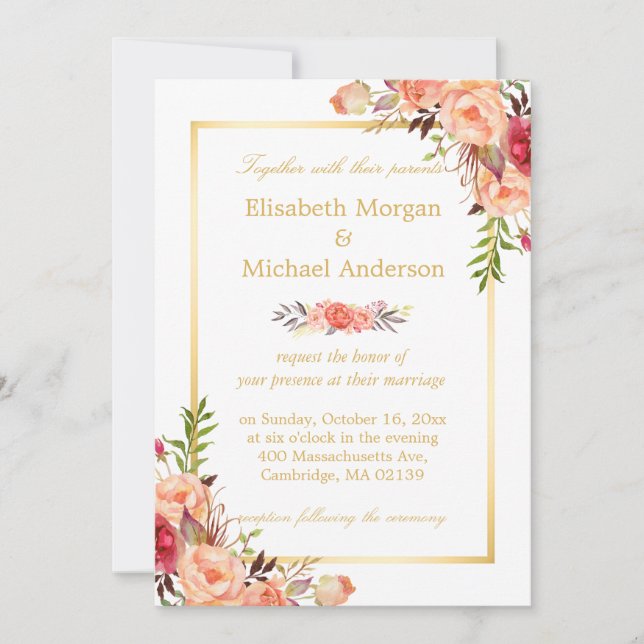 Rustic Orange Floral Chic Gold White Fall Wedding Invitation (Front)