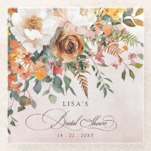 Rustic Orange Floral Fall Bridal Shower  Glass Coaster