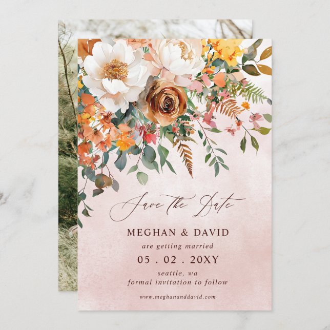 Rustic Orange Floral Fall Photo Save The Date (Front/Back)