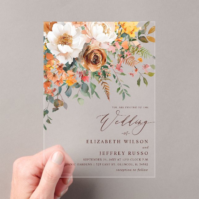 Rustic Orange Floral Fall Wedding Acrylic Invitations (Insitu (Handheld))