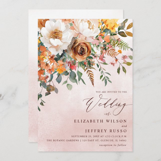 Rustic Orange Floral Fall Wedding Invitation (Front/Back)