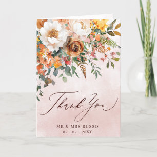 Rustic Orange Floral Fall Wedding Photo Thank You Card