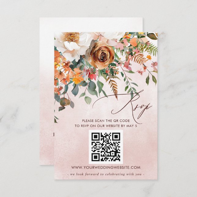 Rustic Orange Floral Fall Wedding QR CODE RSVP Card (Front/Back)