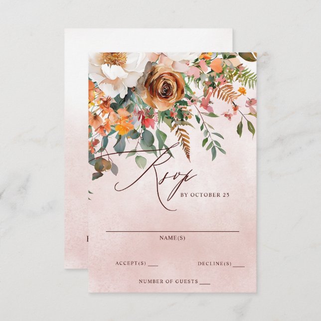 Rustic Orange Floral Fall Wedding RSVP Card (Front/Back)