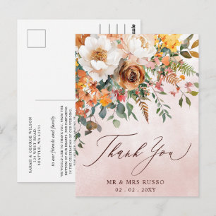 Rustic Orange Floral Fall Wedding Thank You Postcard