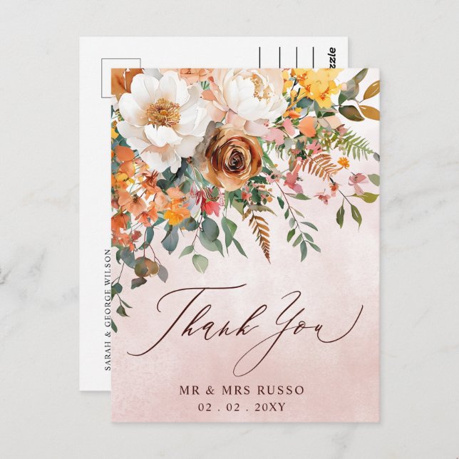 Rustic Orange Floral Fall Wedding Thank You Postcard (Front/Back)