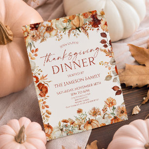 Rustic Orange Floral Thanksgiving Family Dinner Invitation